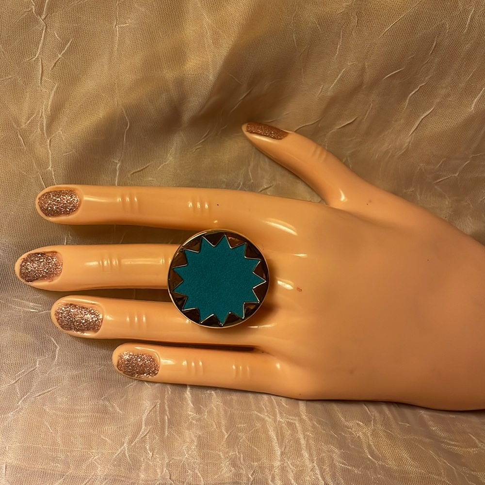 New on card-Teal and Gold House of Harlow Sunburst Statement Ring-adjustable